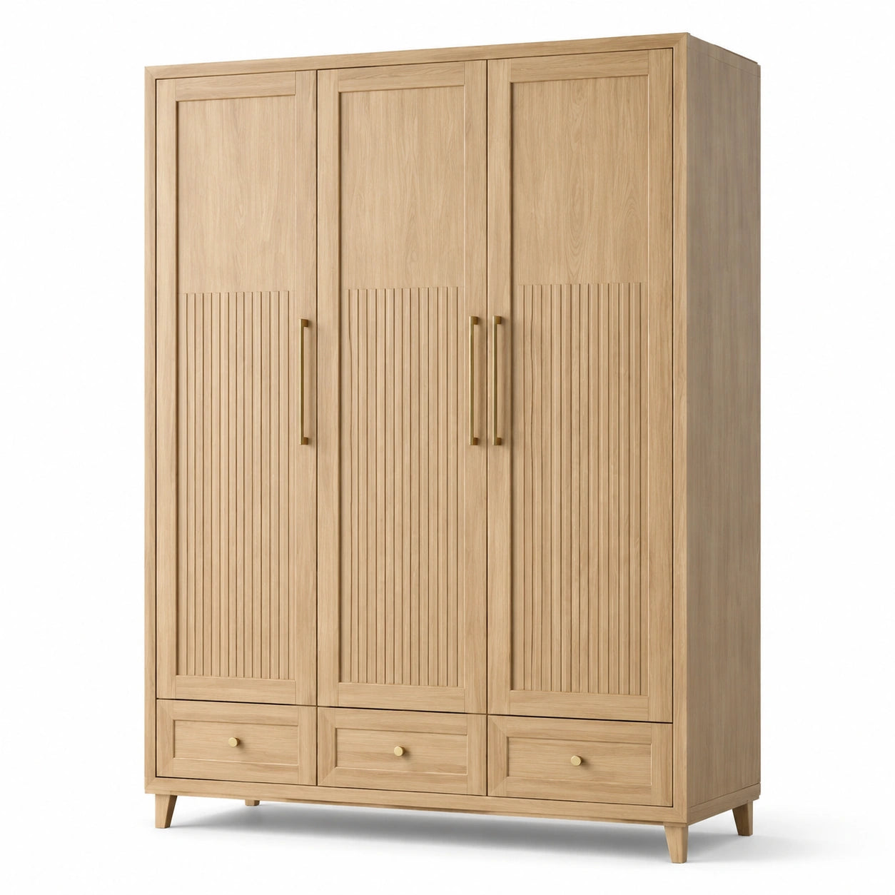 Armadio guardaroba effetto rovere naturale e oro, 150 × 55 × 200 cm, 3 ante e 3 cassetti con frontali scanalati