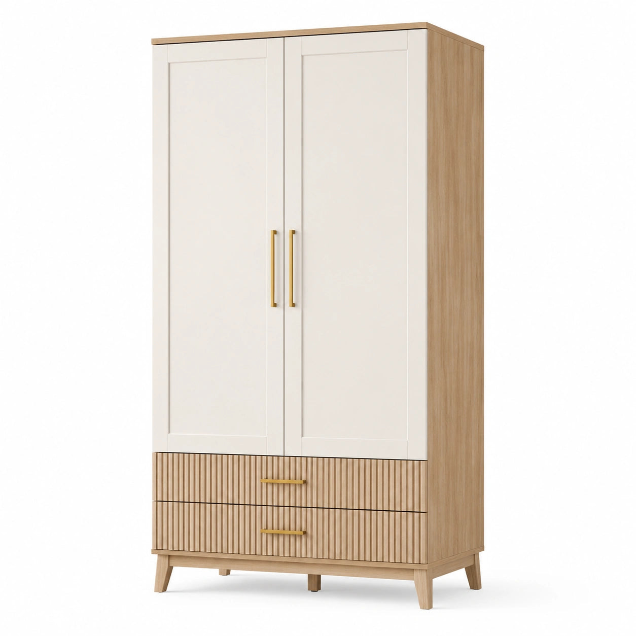 Armadio con 2 ante e 2 cassetti, bianco, rovere e oro, 100 × 55 × 190 cm