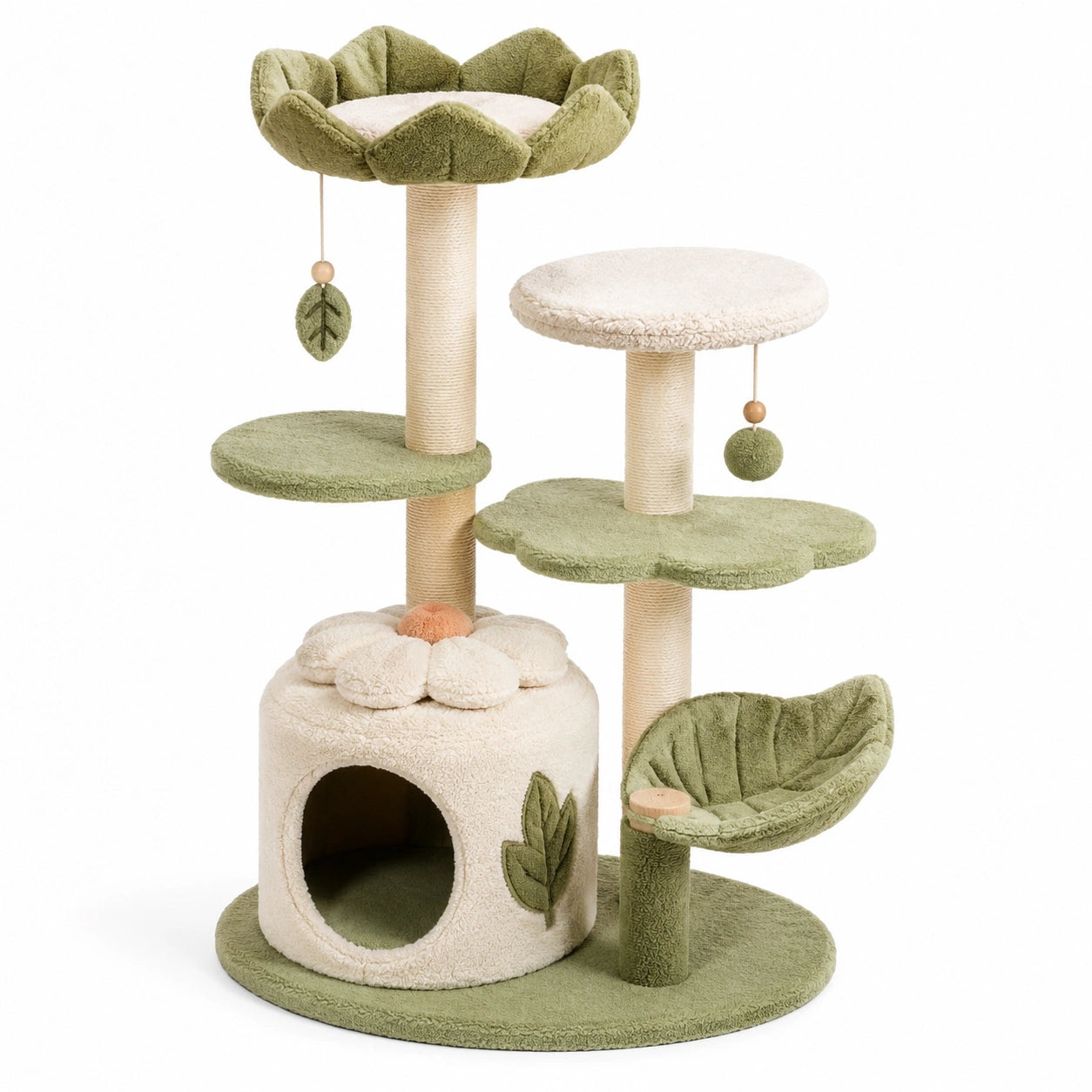 Tiragraffi per gatti 90 × 60 × 145 cm verde salvia, crema e beige con cuccia, piattaforme e lettini