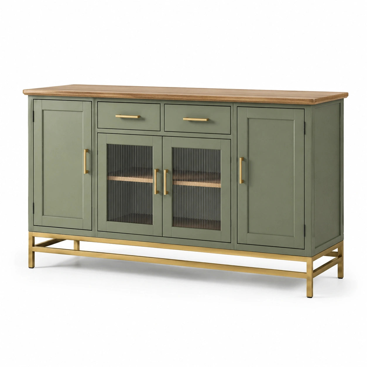 Credenza moderna verde oliva 160 × 40 × 90 cm con piano effetto legno, ante in vetro scanalato e base in metallo