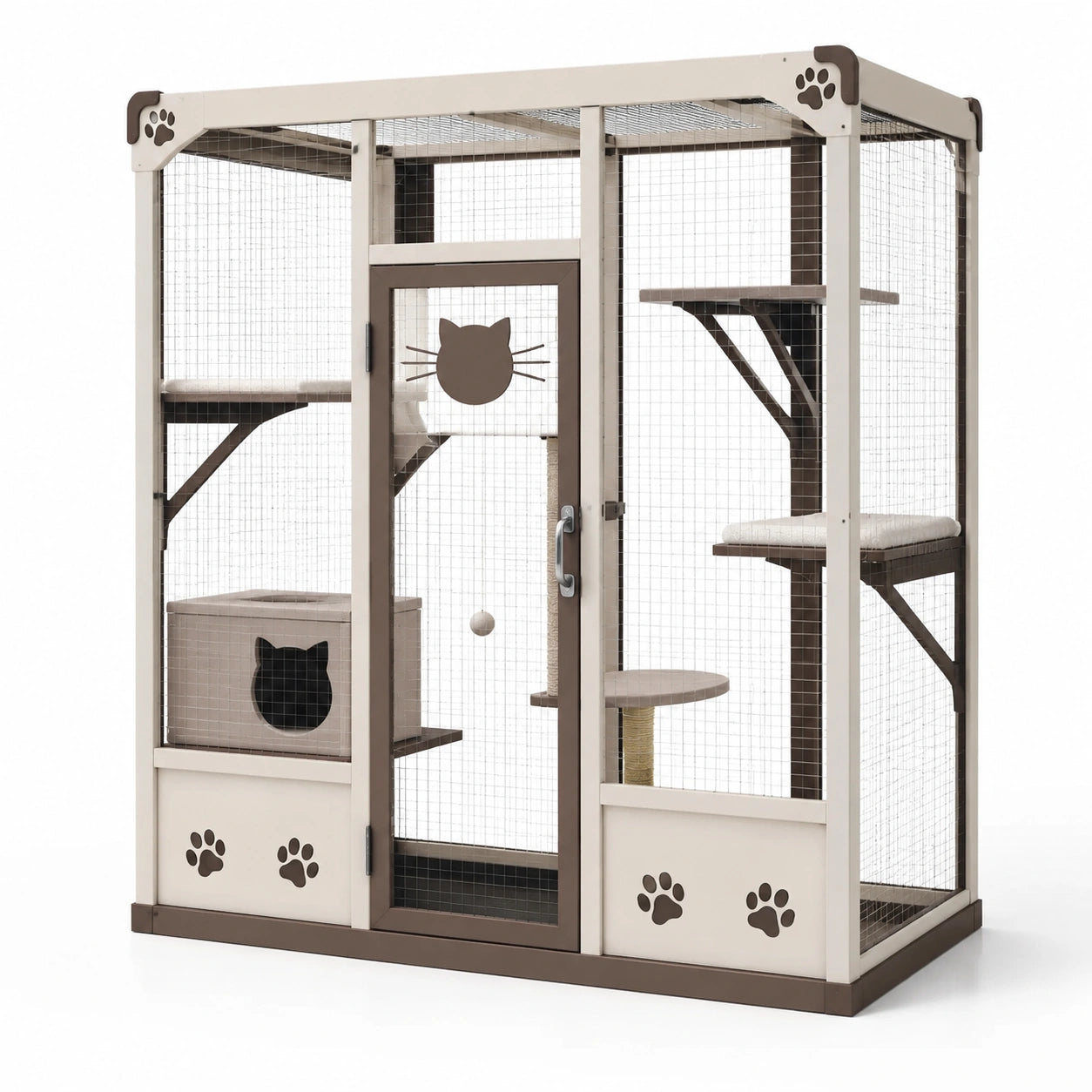 Recinto multilivello in legno e rete metallica, 120 × 90 × 180 cm, beige e marrone