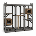 Recinto per gatti in legno grigio e rete metallica, 188 × 82 × 169 cm, con ripiani, 2 cucce e tiragraffi