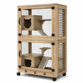 Gabbia per gatti a due livelli in legno naturale e rete metallica con ruote, 90 × 60 × 160 cm