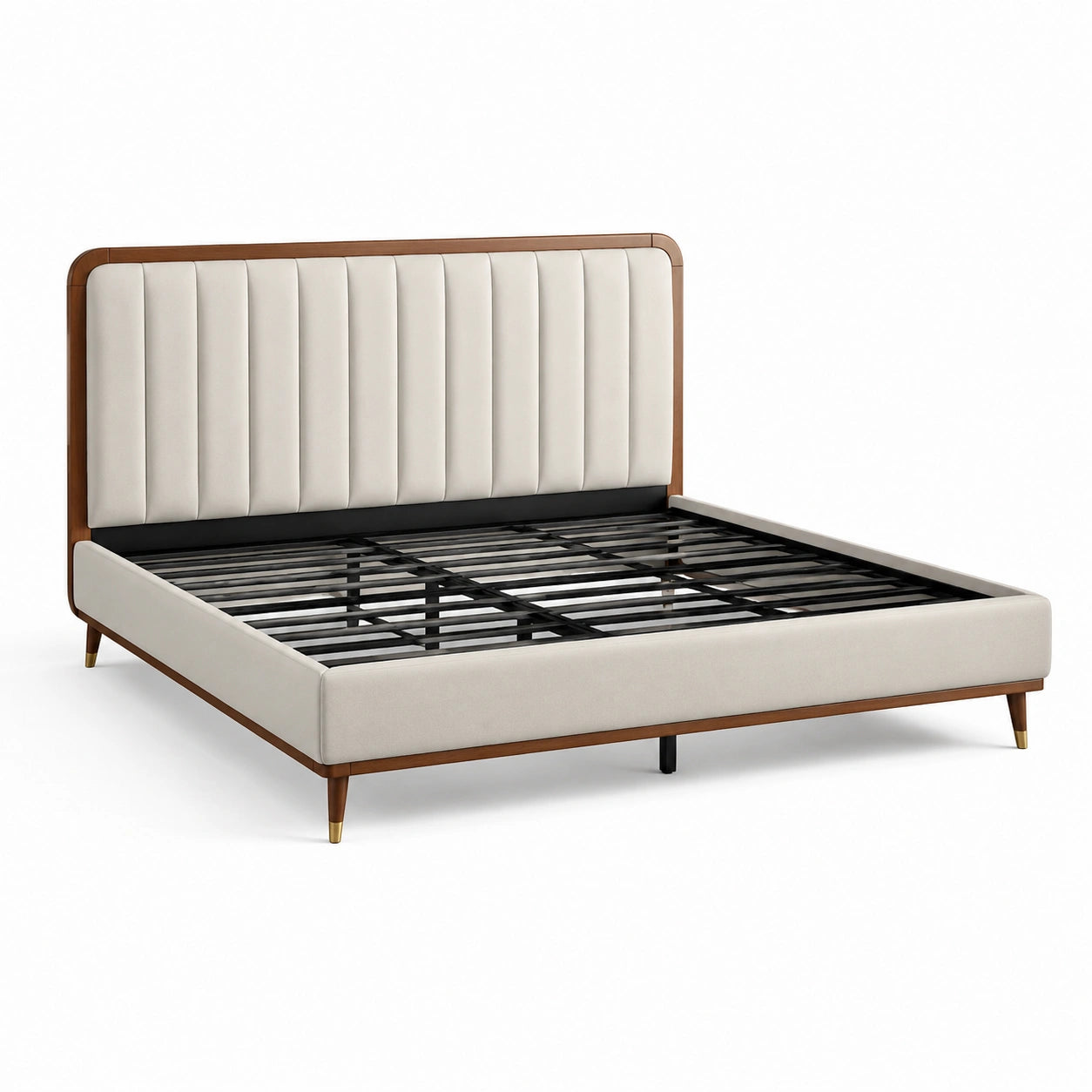 Letto matrimoniale imbottito beige e marrone per materasso 180 × 200 cm, dimensioni 215 × 195 × 120 cm
