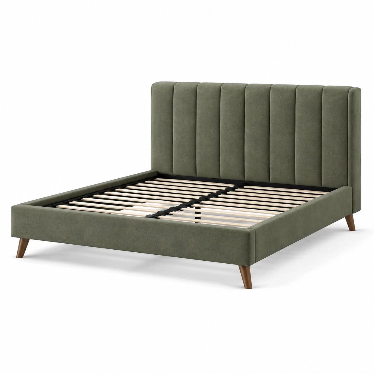 Letto matrimoniale imbottito verde oliva 160 x 200 cm con testiera scanalata e rete a doghe