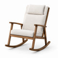 Poltrona a dondolo moderna in legno con rivestimento effetto bouclé avorio e braccioli, 68 × 90 × 105 cm
