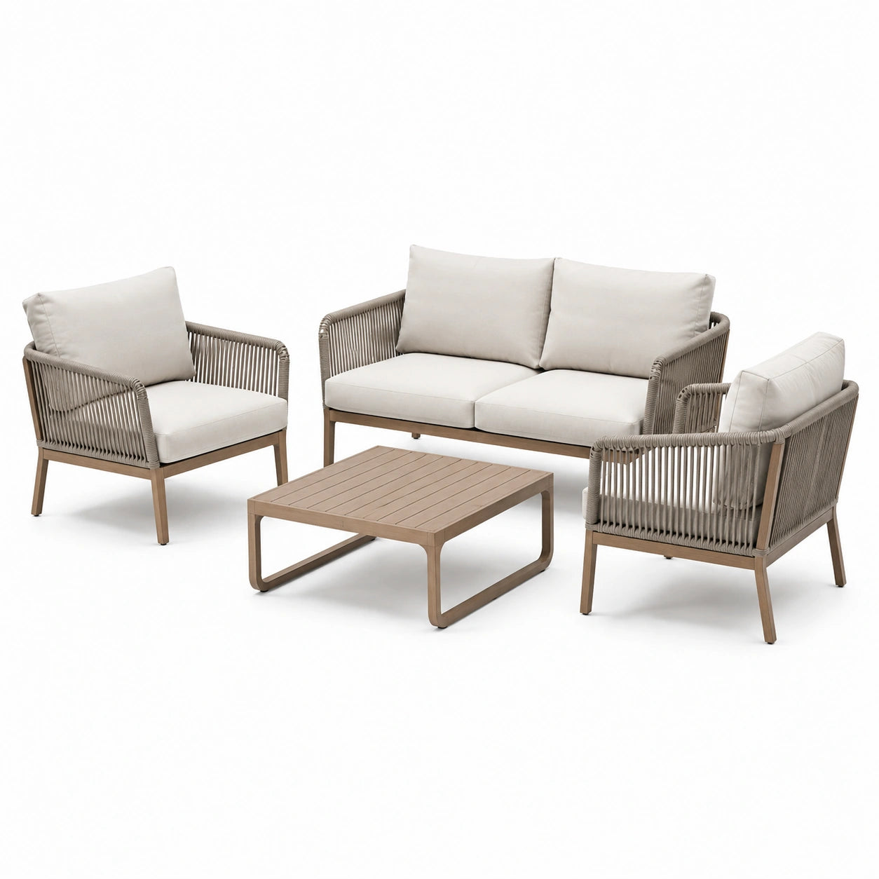 Completo da giardino 4 pezzi beige, tortora e marrone chiaro con divano 150 x 75 x 80 cm, 2 poltrone 72 x 75 x 80 cm e tavolino 85 x 55 x 38 cm