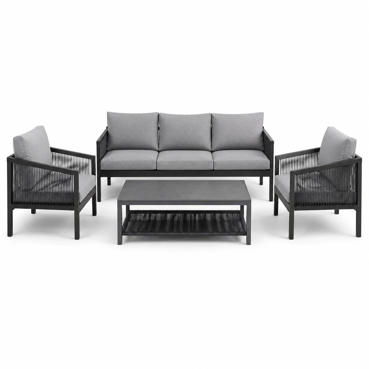 Set da giardino 4 pezzi nero e grigio, divano 190 × 76 × 79 cm, poltrone 72 × 76 × 79 cm, tavolino 105 × 55 × 42 cm