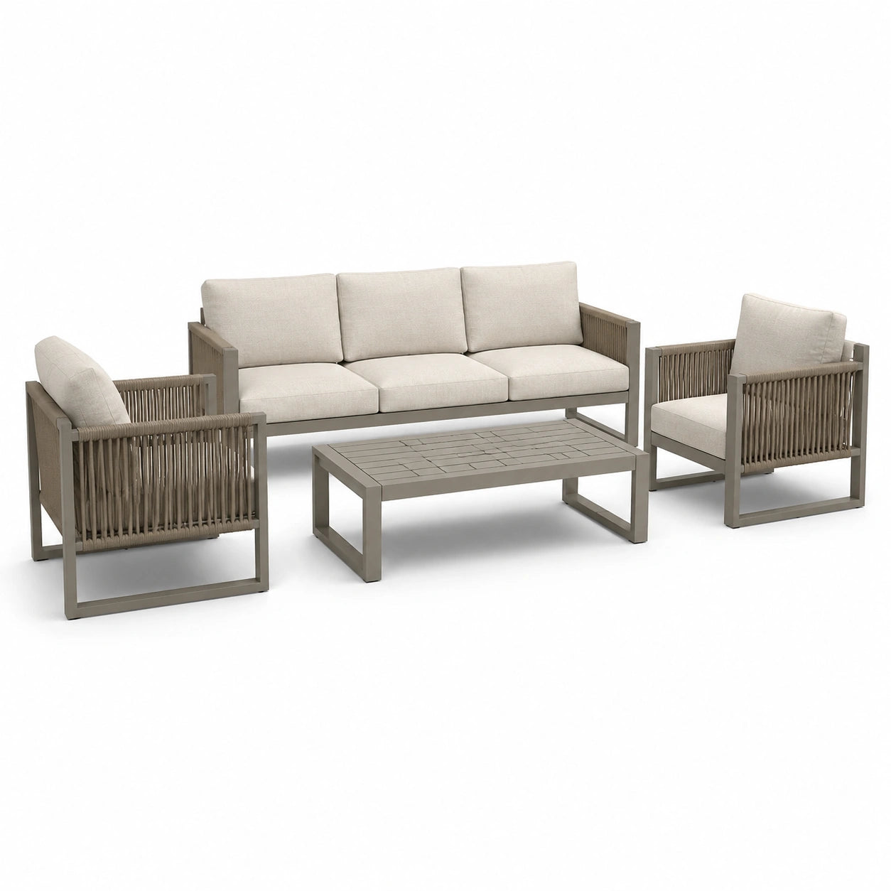 Set da giardino moderno 4 pezzi beige e tortora con divano a 3 posti 200 × 78 × 81 cm, 2 poltrone e tavolino