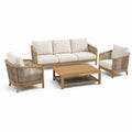 Set da giardino in legno naturale e corda tortora con cuscini beige, divano 205 × 82 × 78 cm, 2 poltrone 76 × 82 × 78 cm e tavolino 110 × 65 × 42 cm