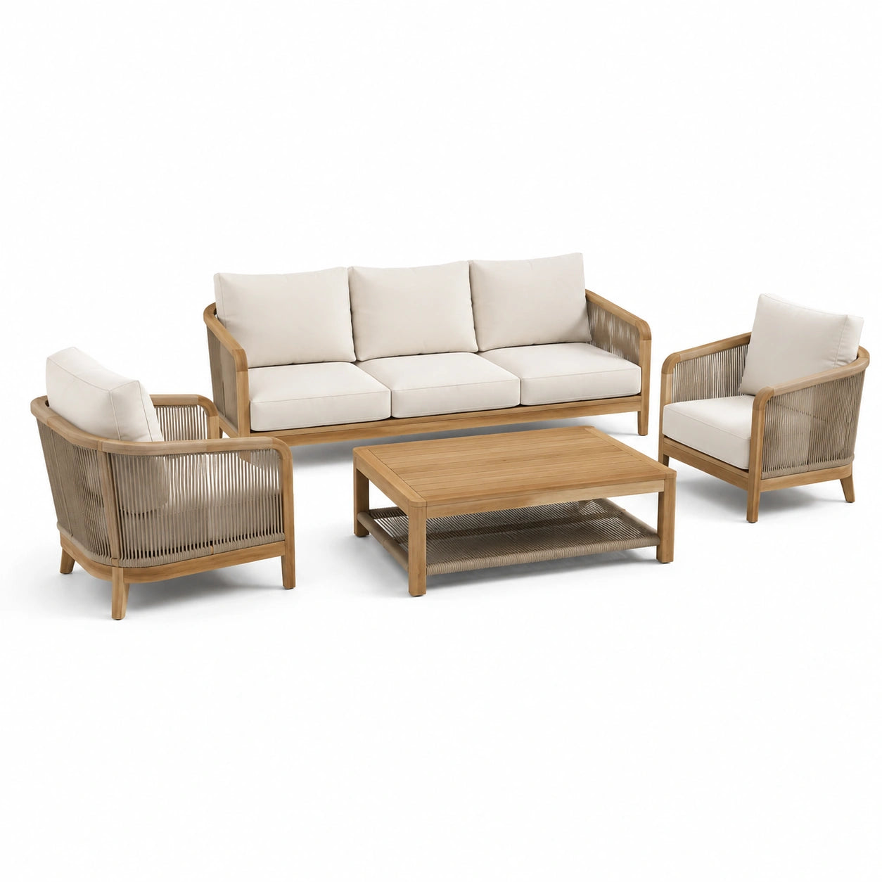 Set da giardino in legno naturale e corda tortora con cuscini beige, divano 205 × 82 × 78 cm, 2 poltrone 76 × 82 × 78 cm e tavolino 110 × 65 × 42 cm