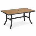 Tavolo da giardino rettangolare 150 × 90 × 74 cm, metallo nero, piano marrone effetto legno e foro per ombrellone